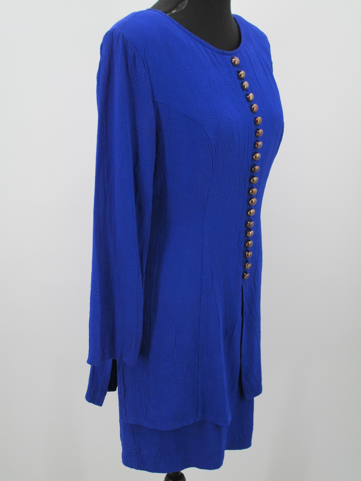 DAWN JOY Midi Career Dress Women SZ 7/8 Blue Peplum Brass Buttons VINTAGE 80’s