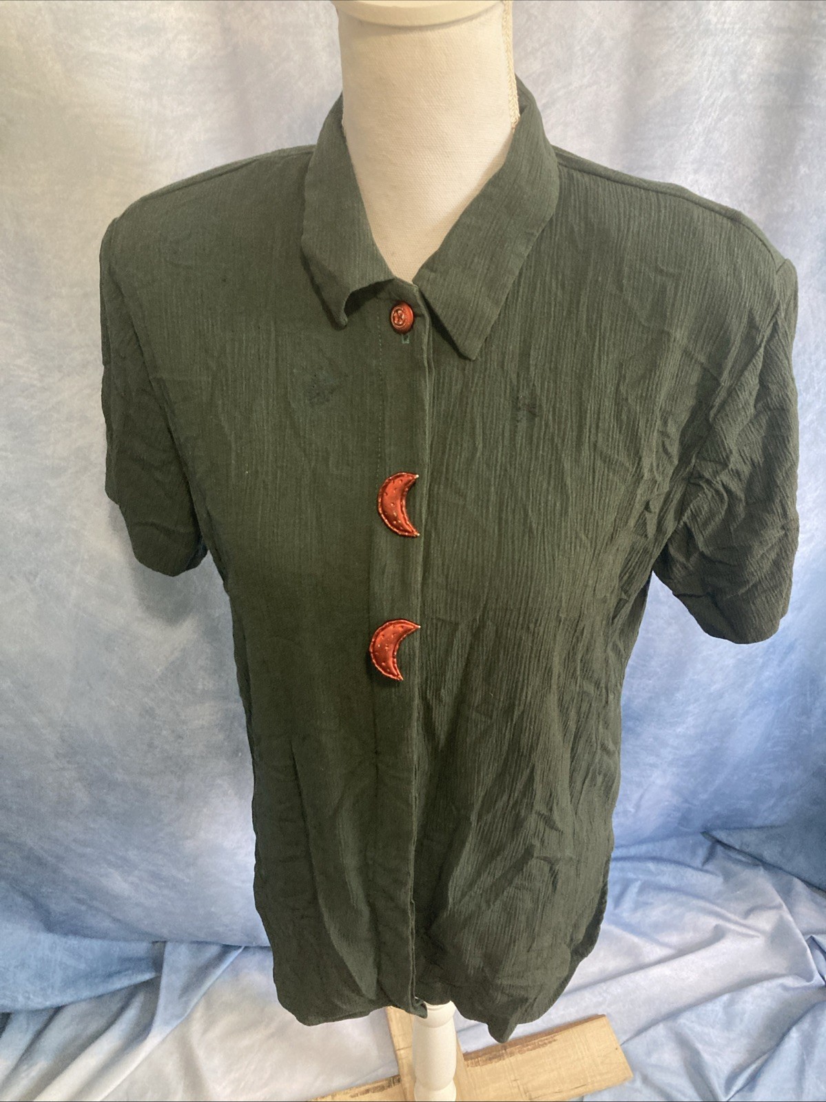 VTG SGS Studio Whimsigoth Forest Green Crinkle Celestial Button Up Shirt XS DIY