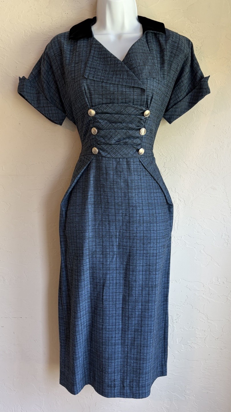 Vintage 1950s New Look Wiggle Dress XS Blue Tailored Vamp Academia