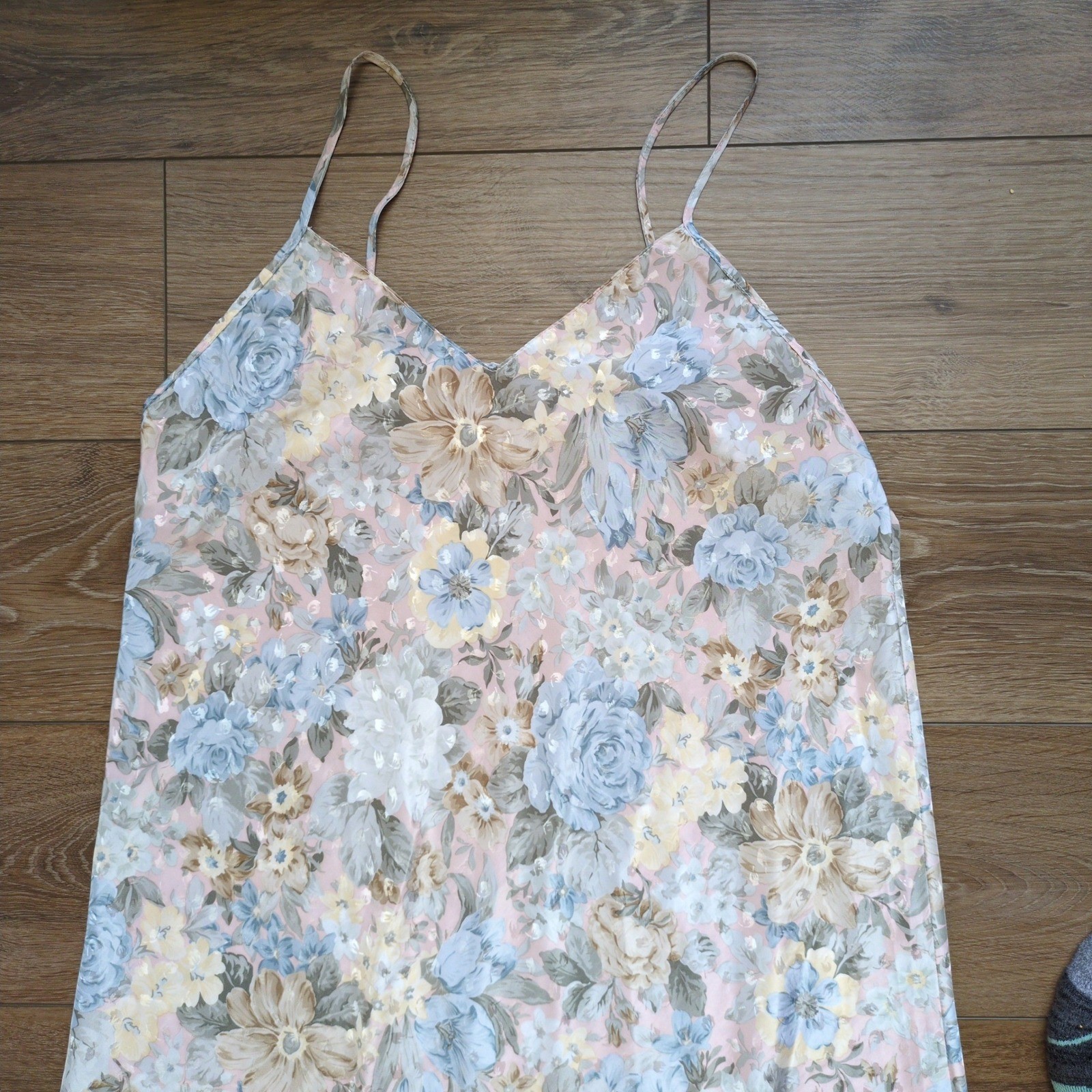 Vtg Diamond Tea Floral Nightgown Slip Dress Spaghetti Strap Side Slit Large