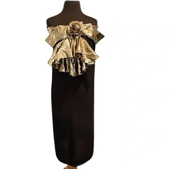 VTG Norman Berg for Denise Fashions Women’s Metallic Black & Gold Cocktail Dress