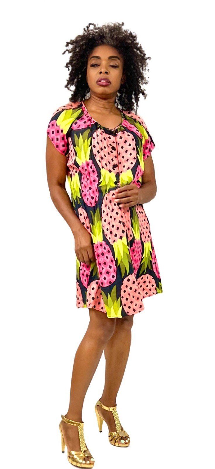 VTG Marimekko Samu Jussi Koski Pineapple Print Cotton Dress Mod Shift S M 2000s