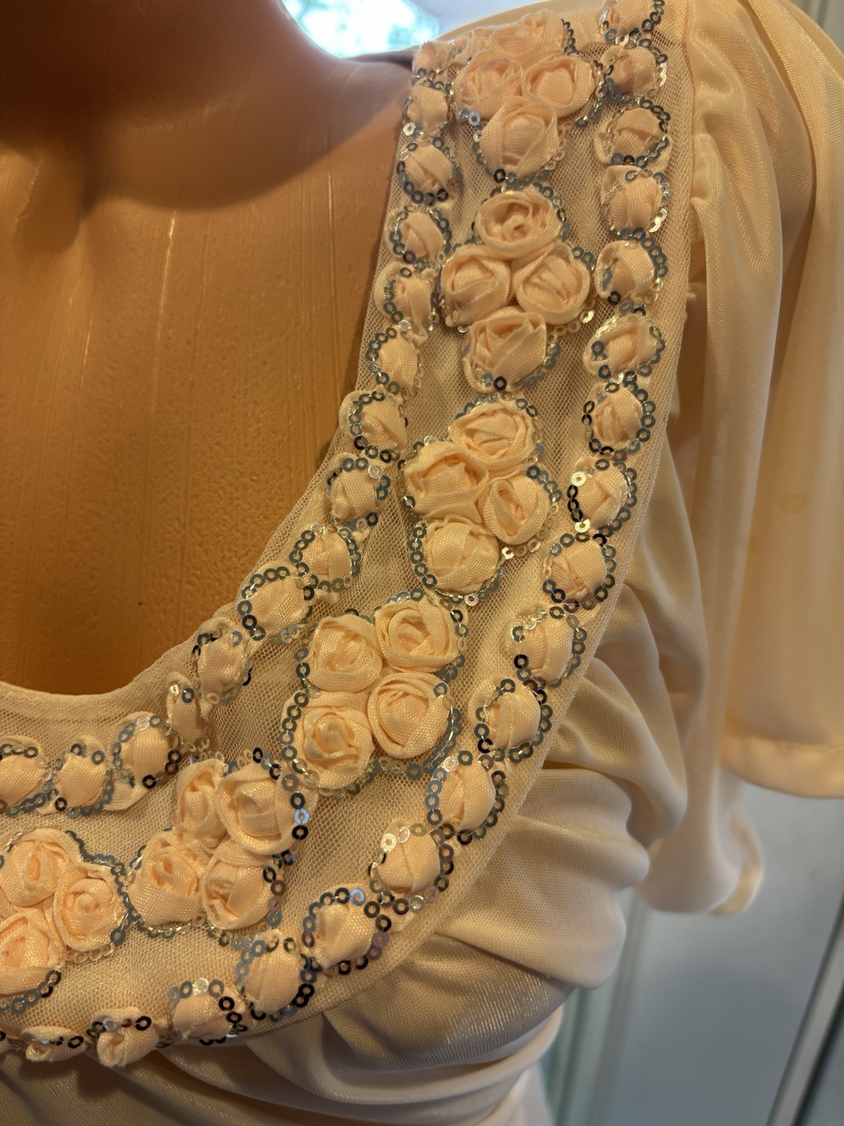 Vtg Satin Soft CreamSickle Shiny Silver Sequins Gown Sheer Long Dress Nightgown