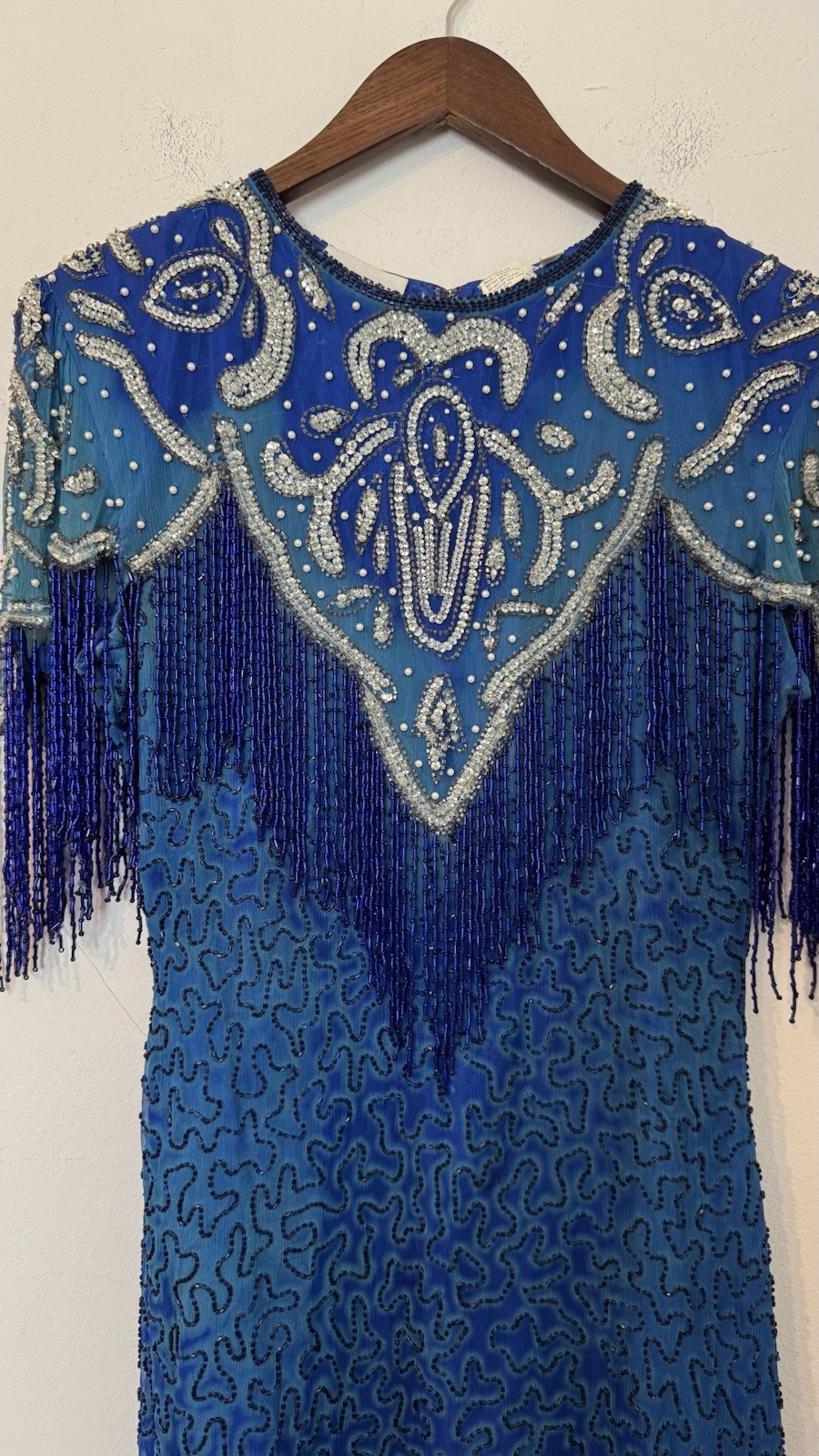 Sweelo Sequin Beaded Silk Formal Evening Dress 8-10 Fringe 80s Vintage Gatsby