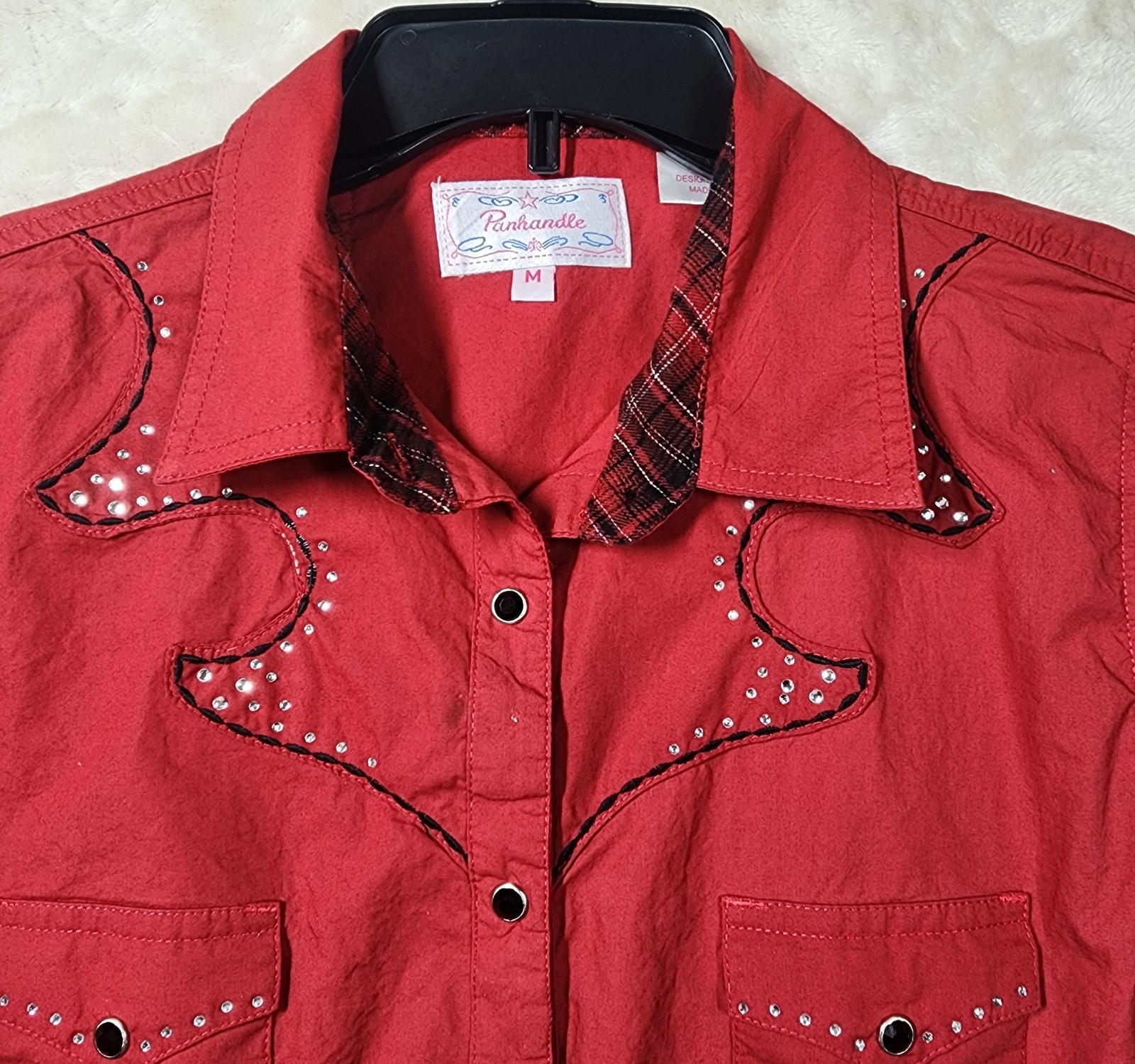 Western Shirt by Panhandle Slim Retro Vintage Red Crystals Black Texas Womens M