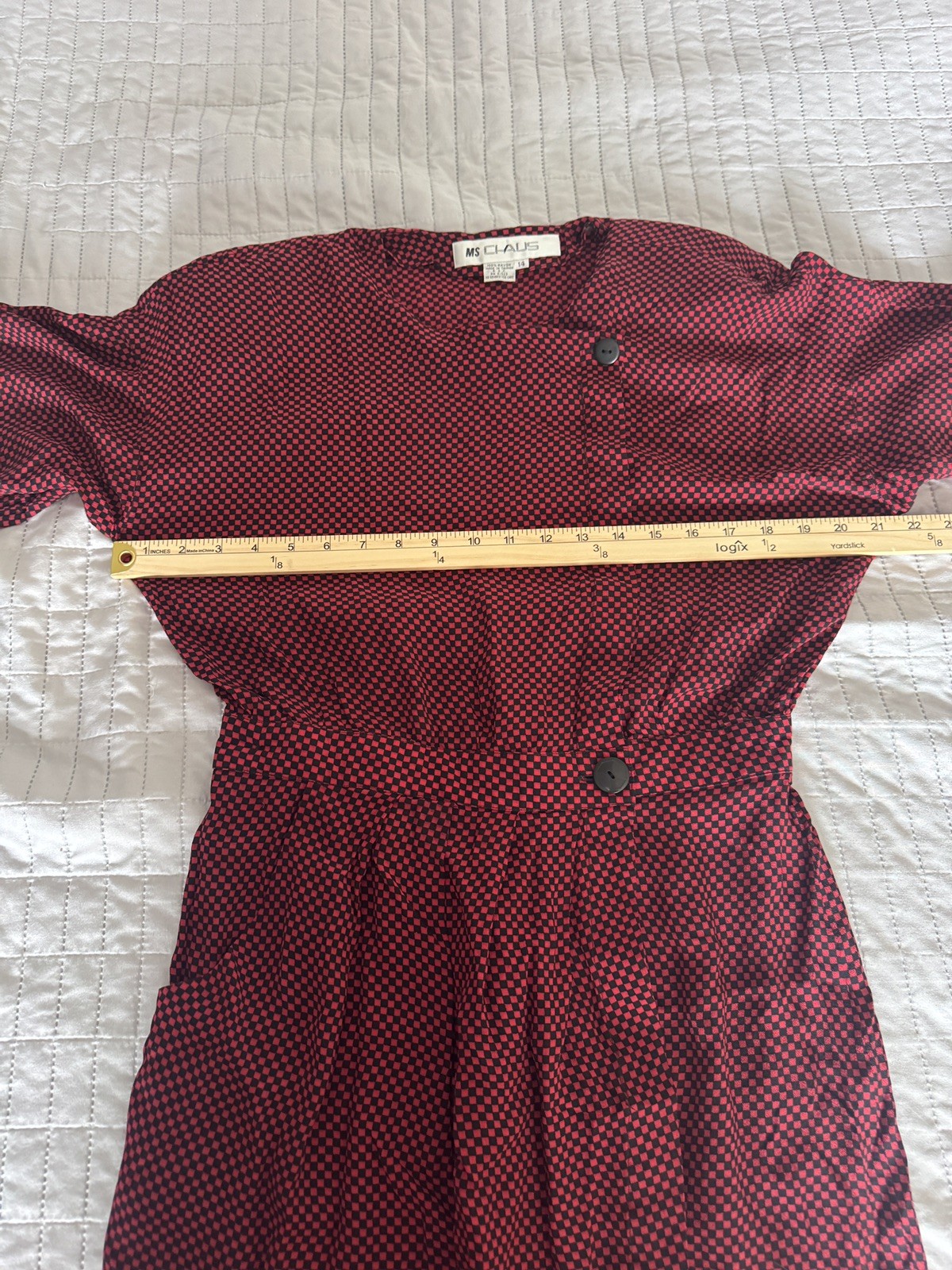 Vintage Ms Chaus Wrap Dress Red Black Check Rayon Midi Pockets Size 14 USA