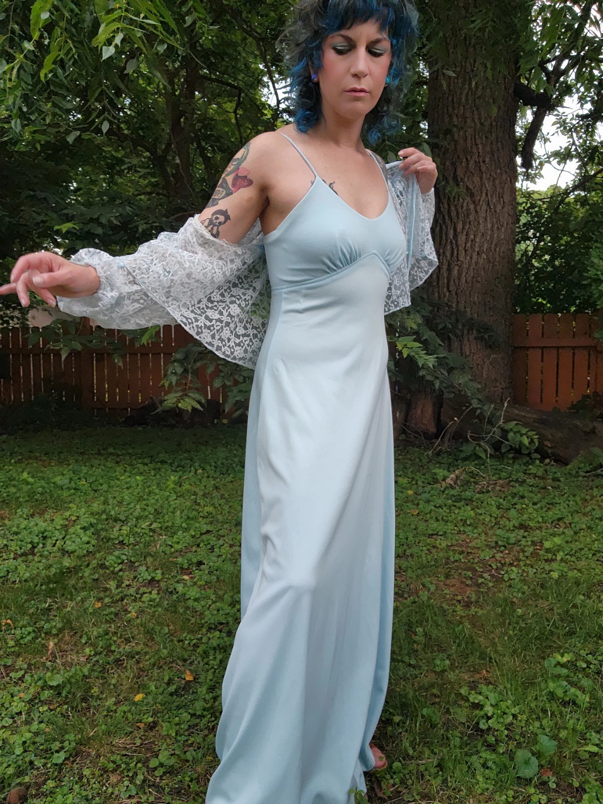1970s 2 Piece Set Maxi Dress Capelet Lace Bolero Vintage Romantic