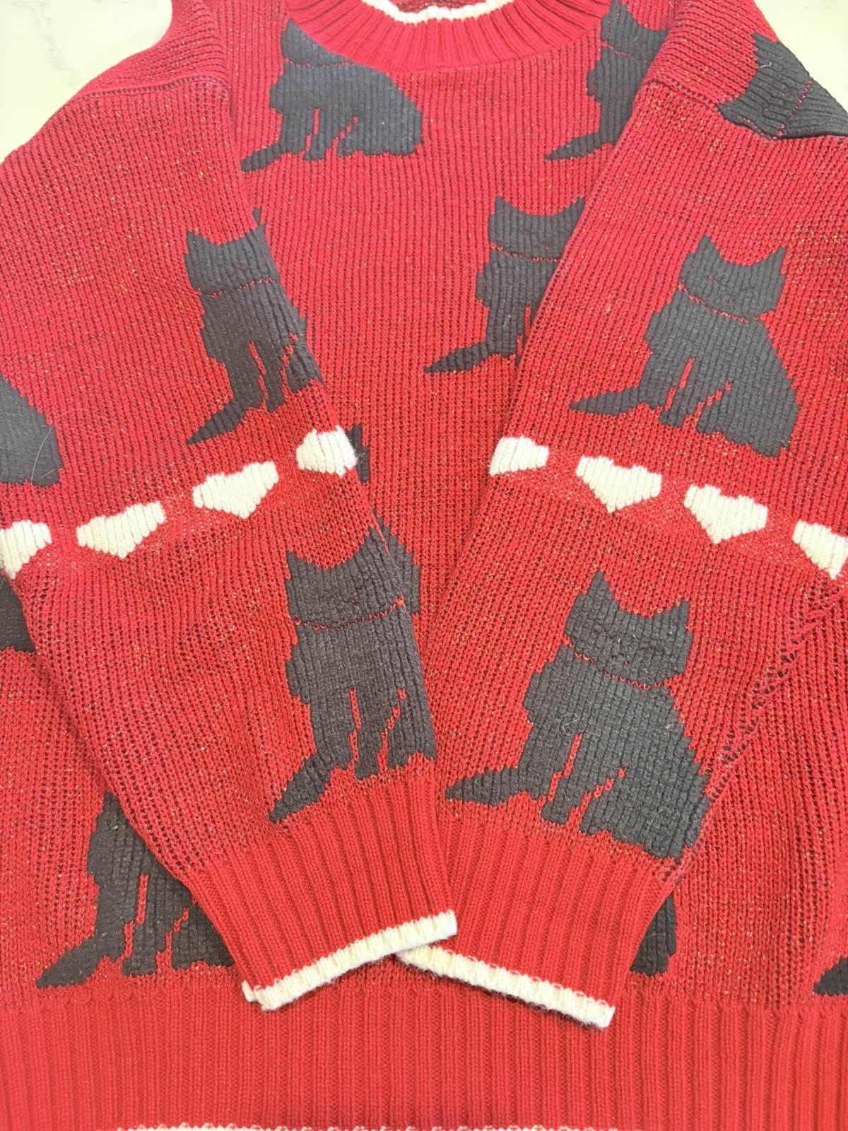 Vintage Red Metallic Cat Sweater with Black Cats and White Hearts Arielle Style