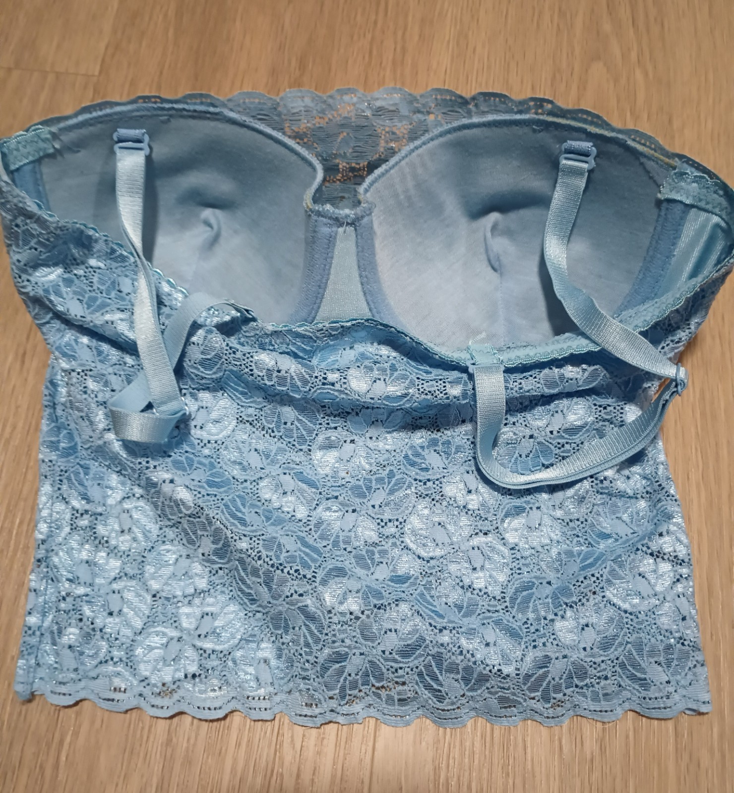 Vtg 80s LYNDA Stretchy Steel Blue Lace Padded Cami Top bustier corset 34C, S