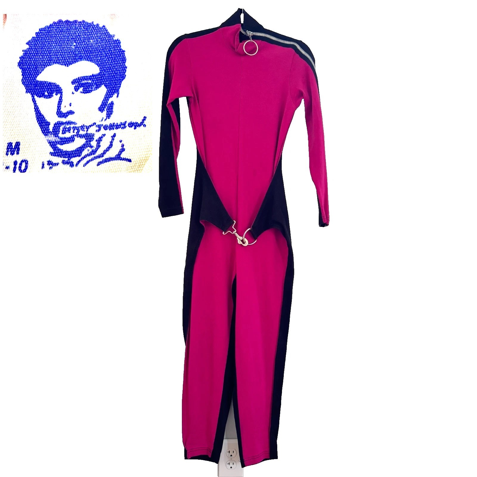 80s vtg BETSEY JOHNSON Black Pink Zipper PUNK LABEL Jumpsuit Catsuit Costume M