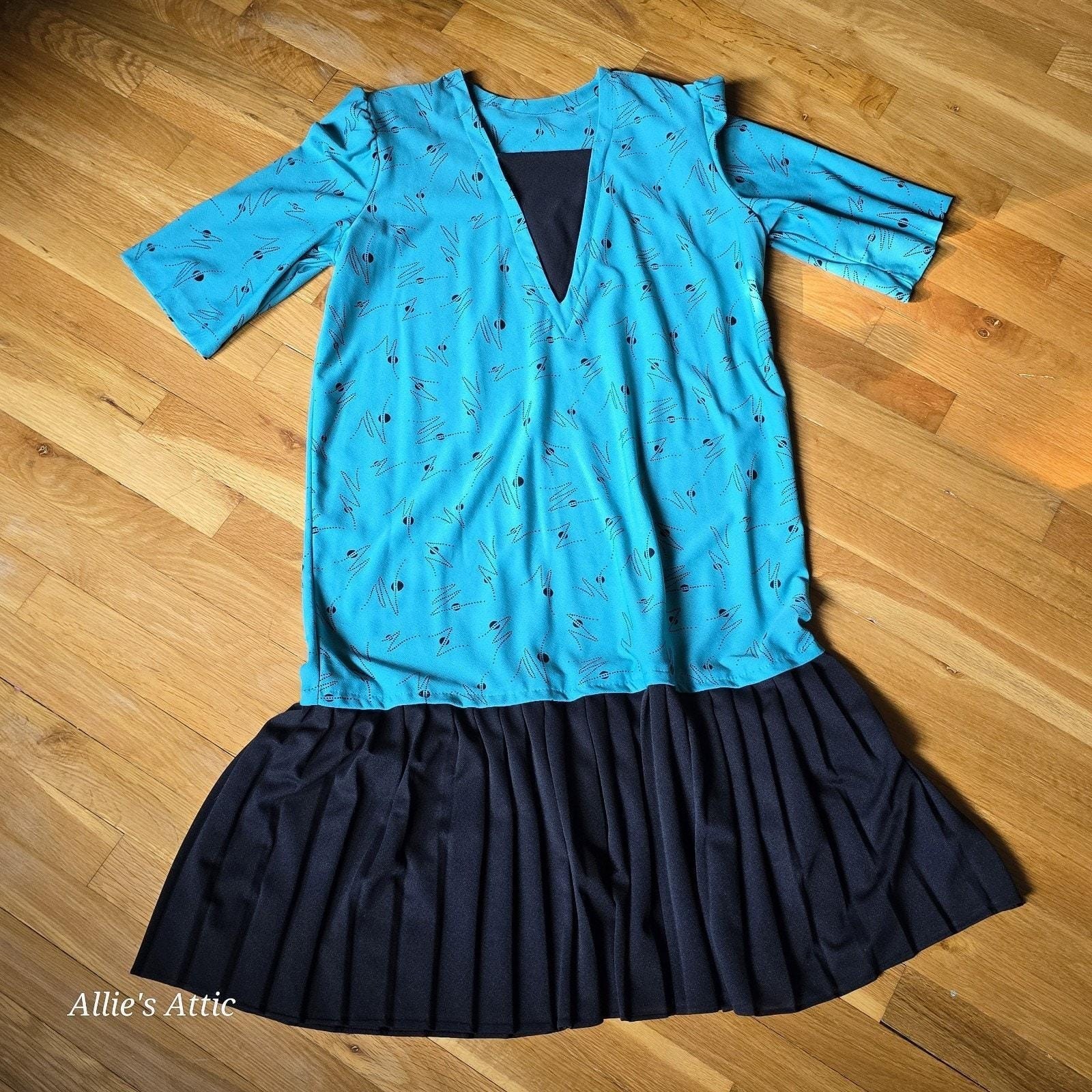 80s Teal Blue Black Geometric Vtg Drop Waist Party Dress Earth Angel Plus Size*
