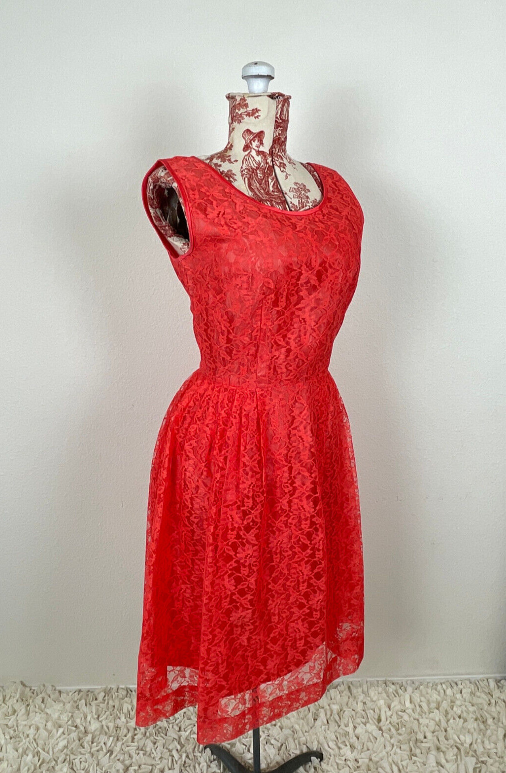 Vtg 50s CORAL LACE Dress J. Harlan Rockabilly Pinup Red Party Sheer Sexy 1950s