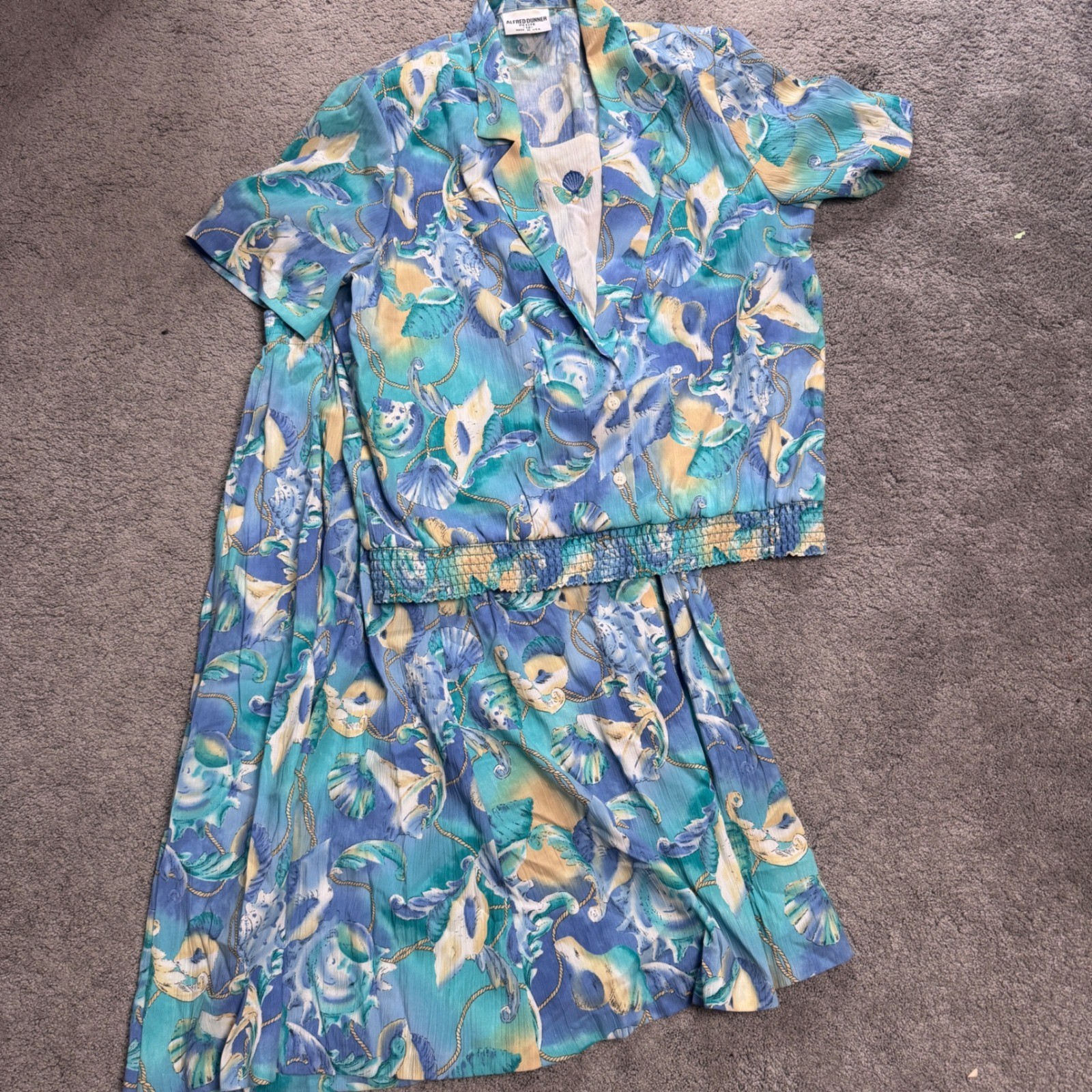 Vintage Alfred Dunner Women’s 12 P 2 Pc Seashell Blouse Skirt Blue Beach