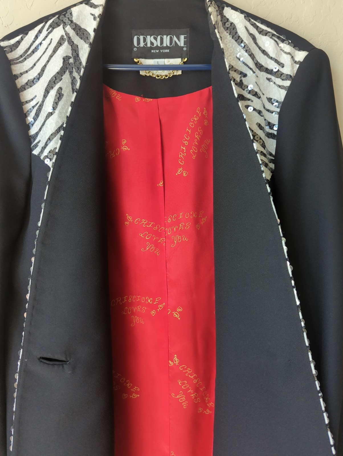 Vintage Woman Sz L Criscione New York Black Blazer Sequin Lined Zebra Design USA