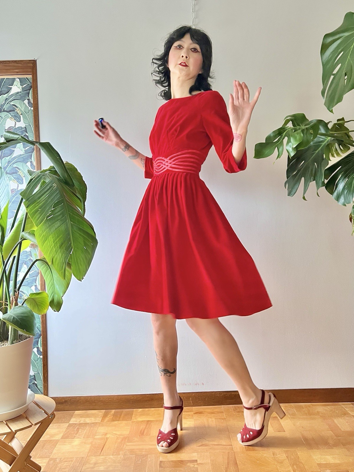 VTG 50s Carol Brent Red Velveteen Cocktail Dress XS/S Rockabilly