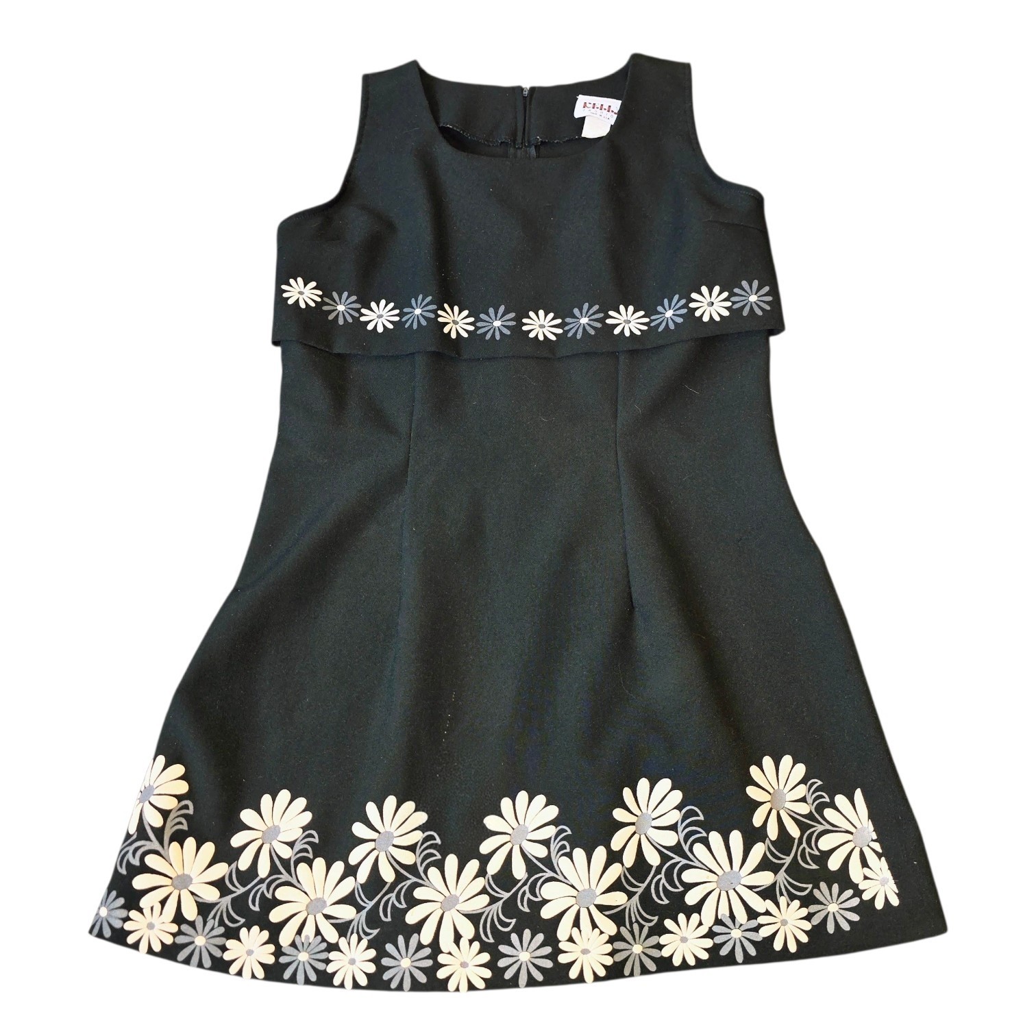KELLY FASHION USA Sz L Black Polester Blend Daisy Print Hem Retro Mini Zip Dress