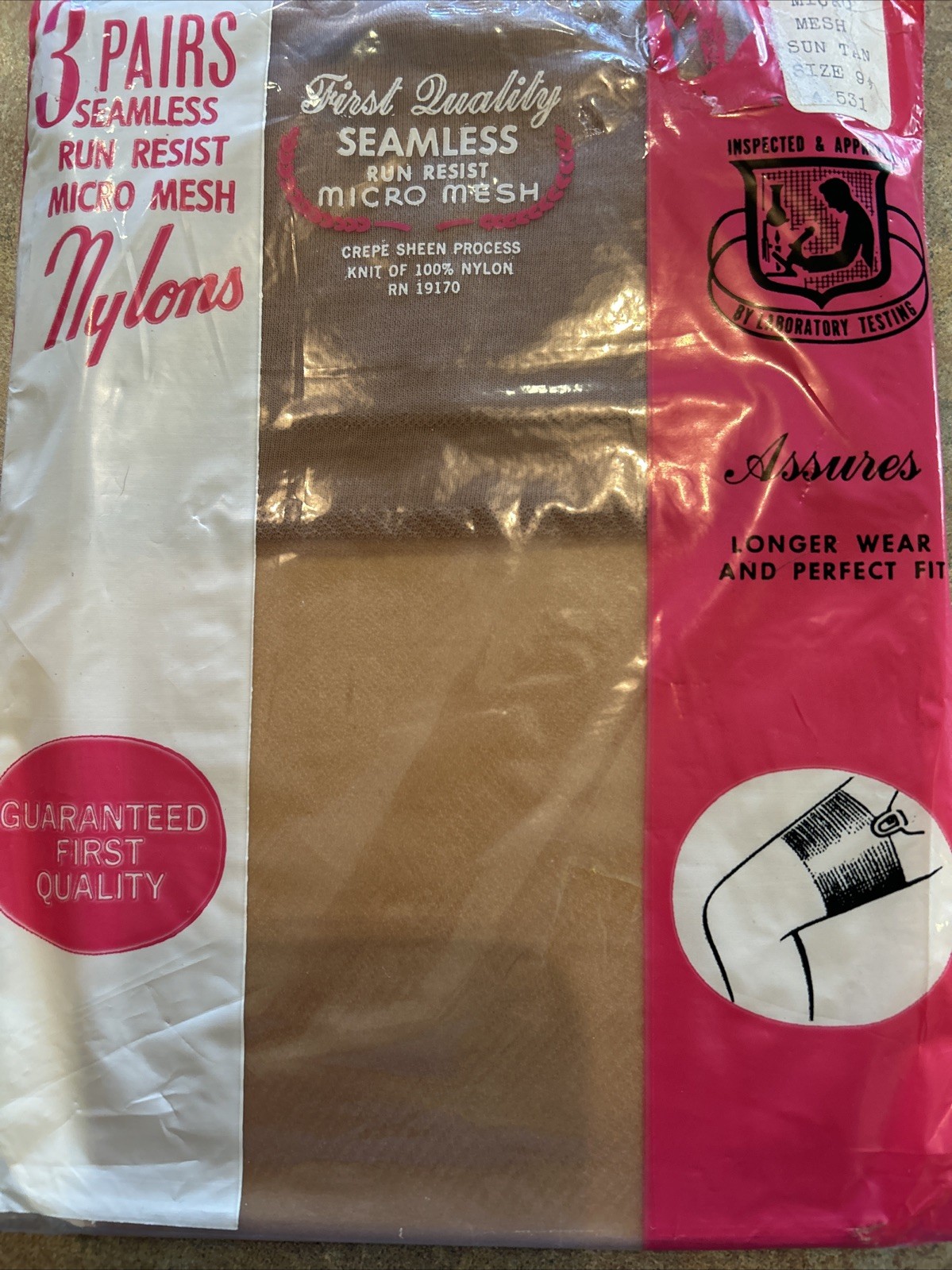 Vintage 3 Pair Assures Run Resist Seamless Micro Mesh Stockings Suntan 9 1/2