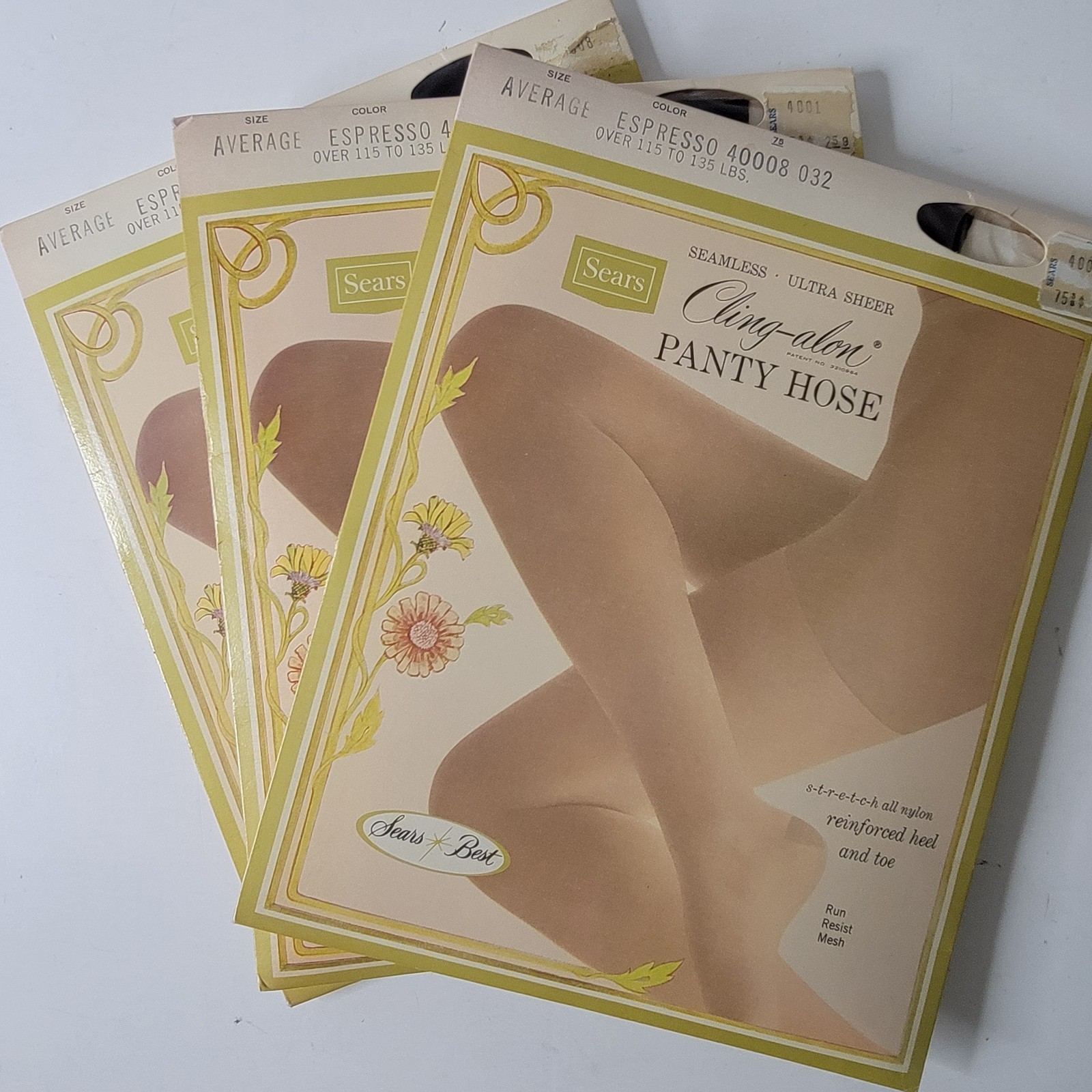 3 VTG Sears Cling-Alon Sz Ave Panty Hose Ultra Sheer Seemless Nylon Espresso