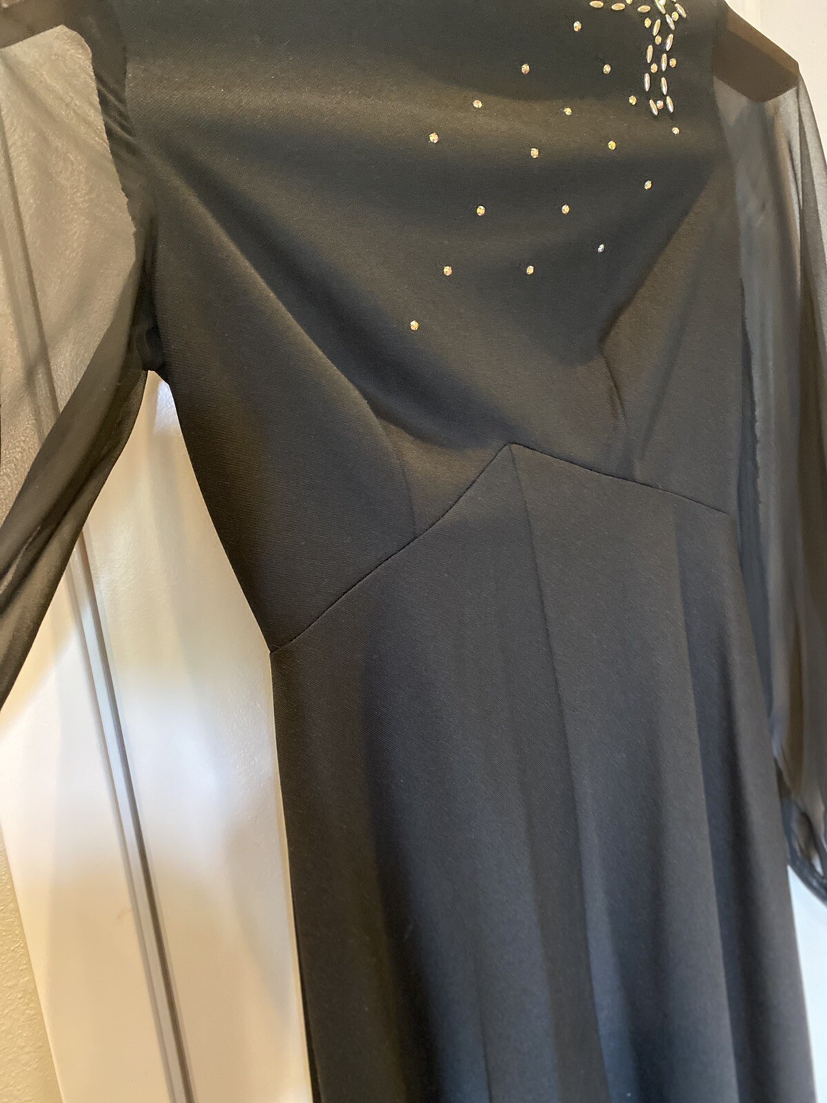 Vintage 1960s Maxi Dress Polyester Sheer ￼Long Sleeves BLACK Rhinestones Aldens