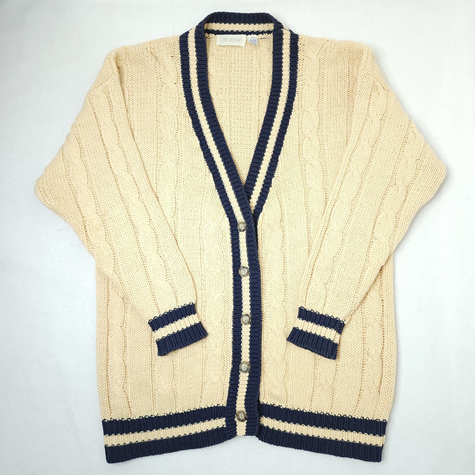 Vintage Chequers Fisherman Cable Knit Cardigan Womens Large Linen Blend Sweater