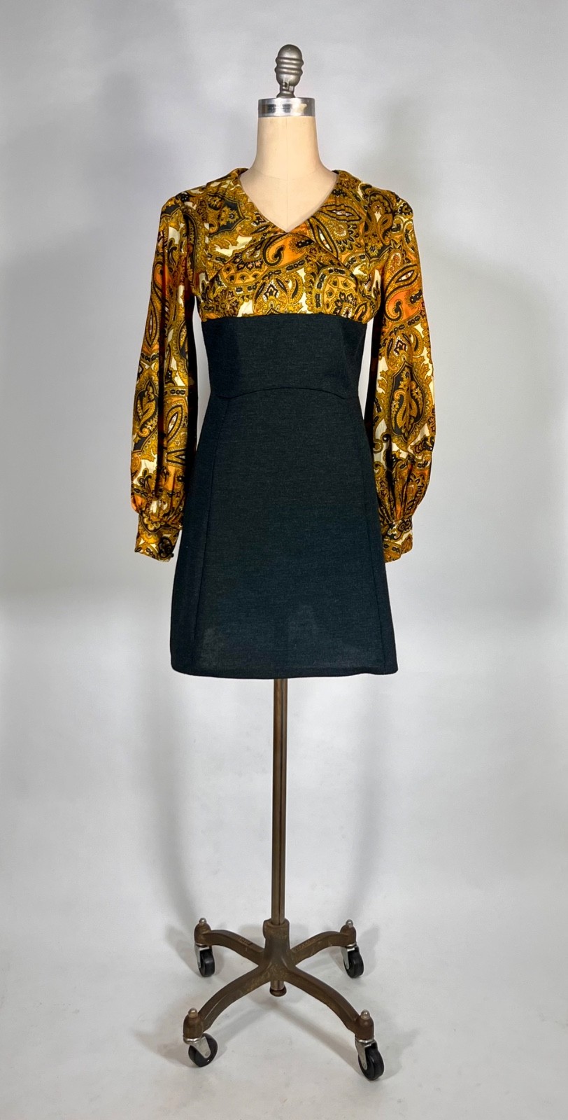 Vintage 1960’s-1970’s Kelly Arden (petite) grey, paisley dress & vest 2-pc. set