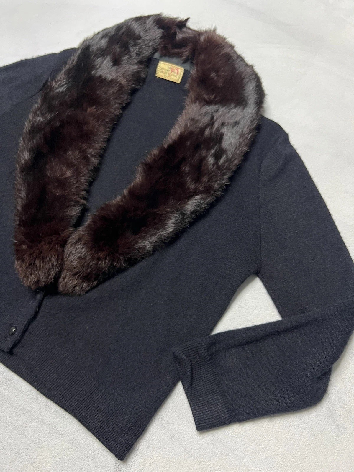 Vtg 50’s Du Pont Orlon Black Cardigan REAL MINK FUR Shawl Collar Sweater S/M