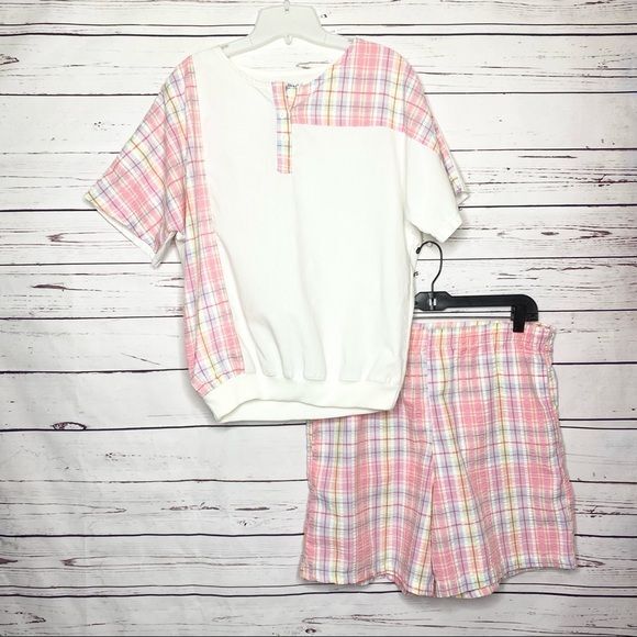Vintage 80’s Pink Plaid Preppy Seersucker Top and Shorts 2 Piece Set Size Small