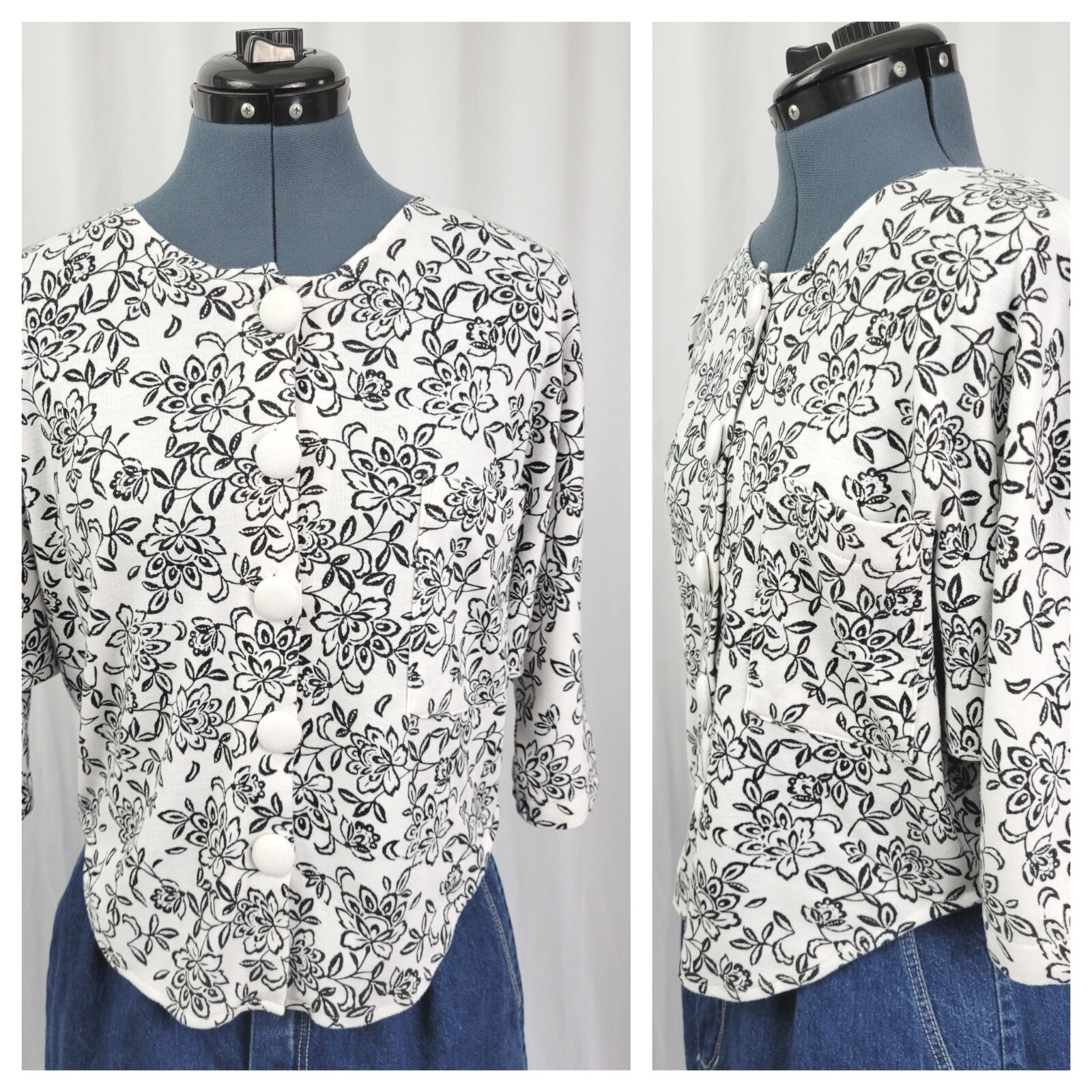 Vintage Currants White Cropped Batwing Top w Black Florals Size Large