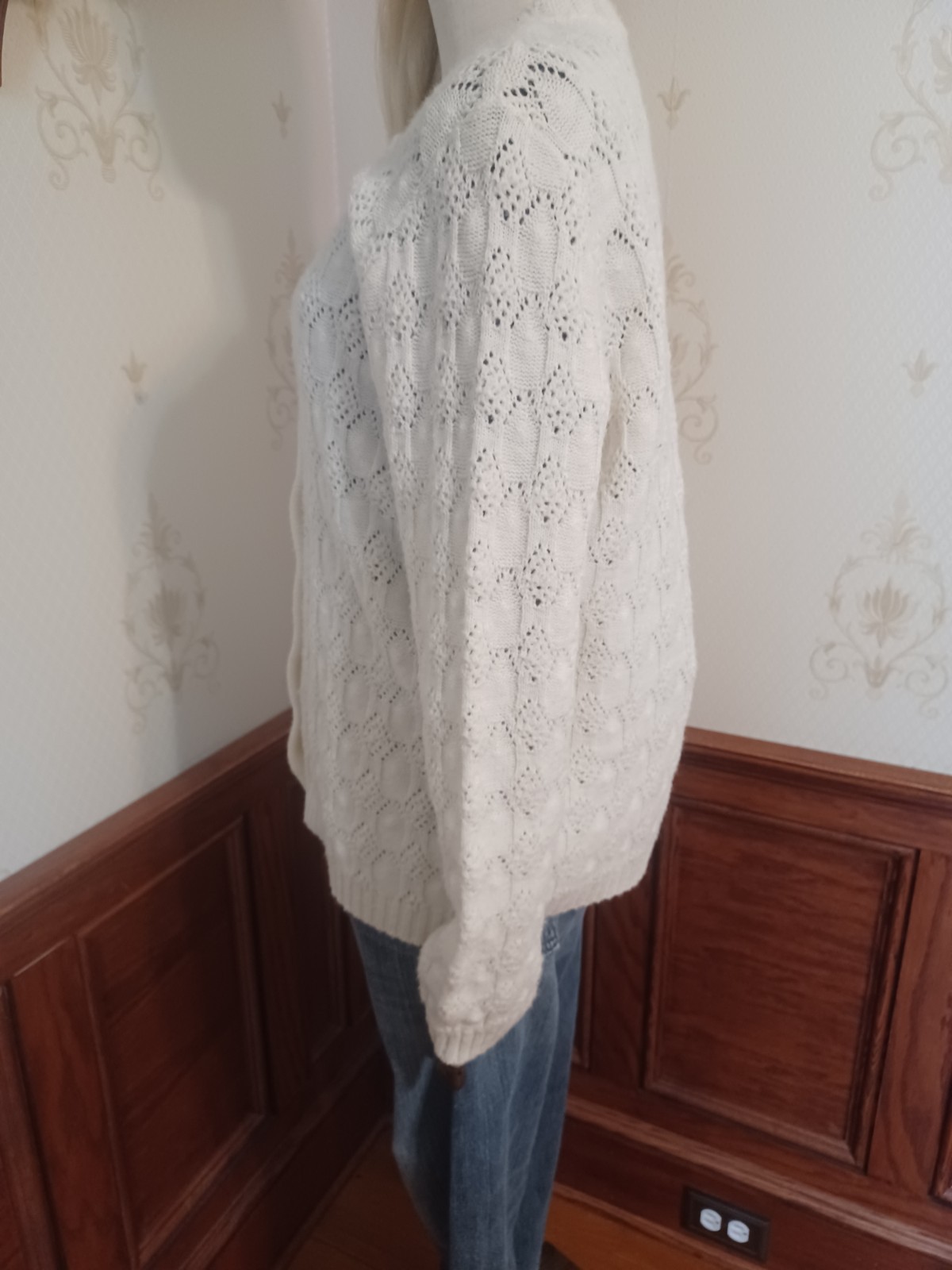 Vintage 1960s/1970s Kenneth Too Ivory-Colored Open Knit Sweater Girl Cardigan