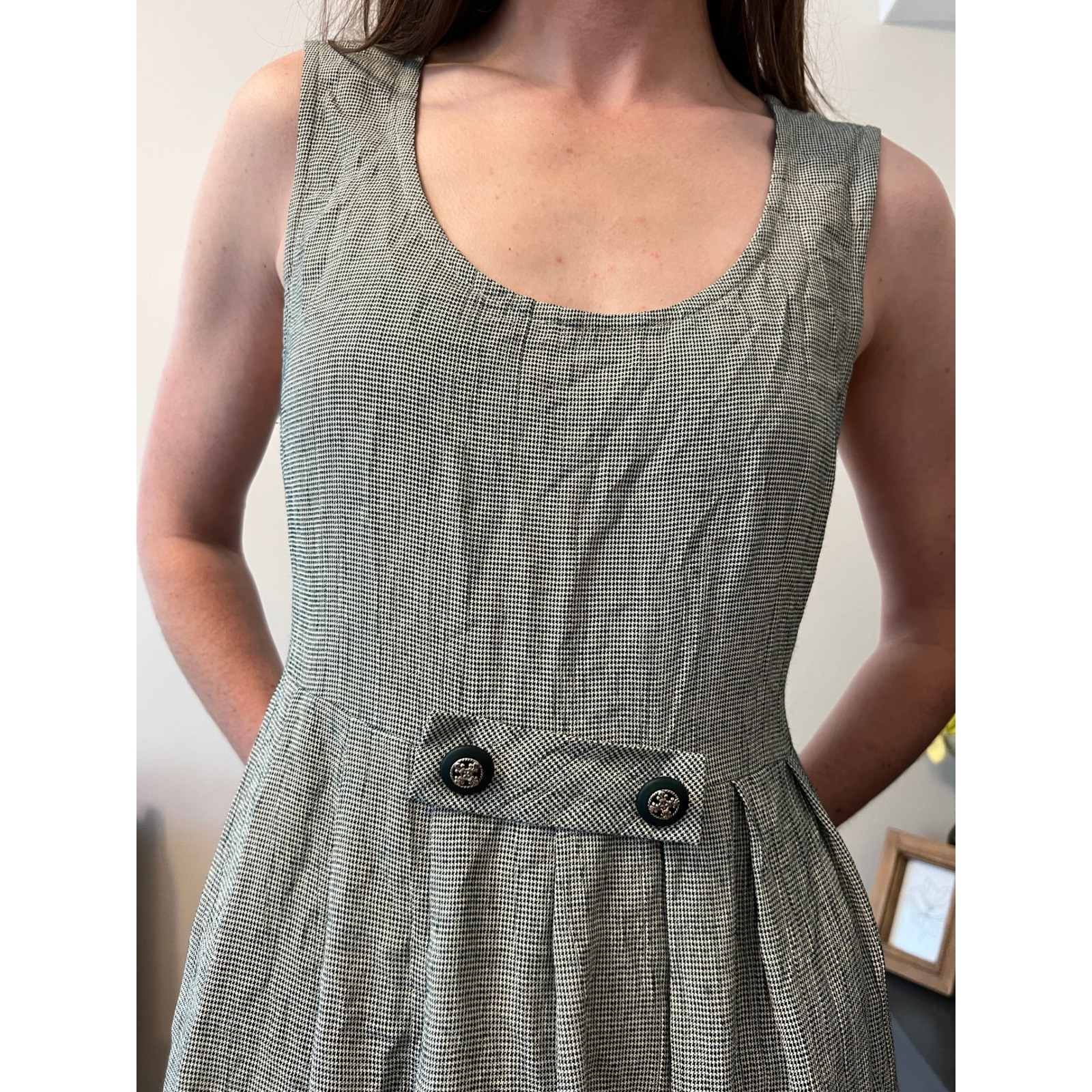 Vintage Midi Dress Cottage Green Houndstooth Button Waist Accent Adjustable Size