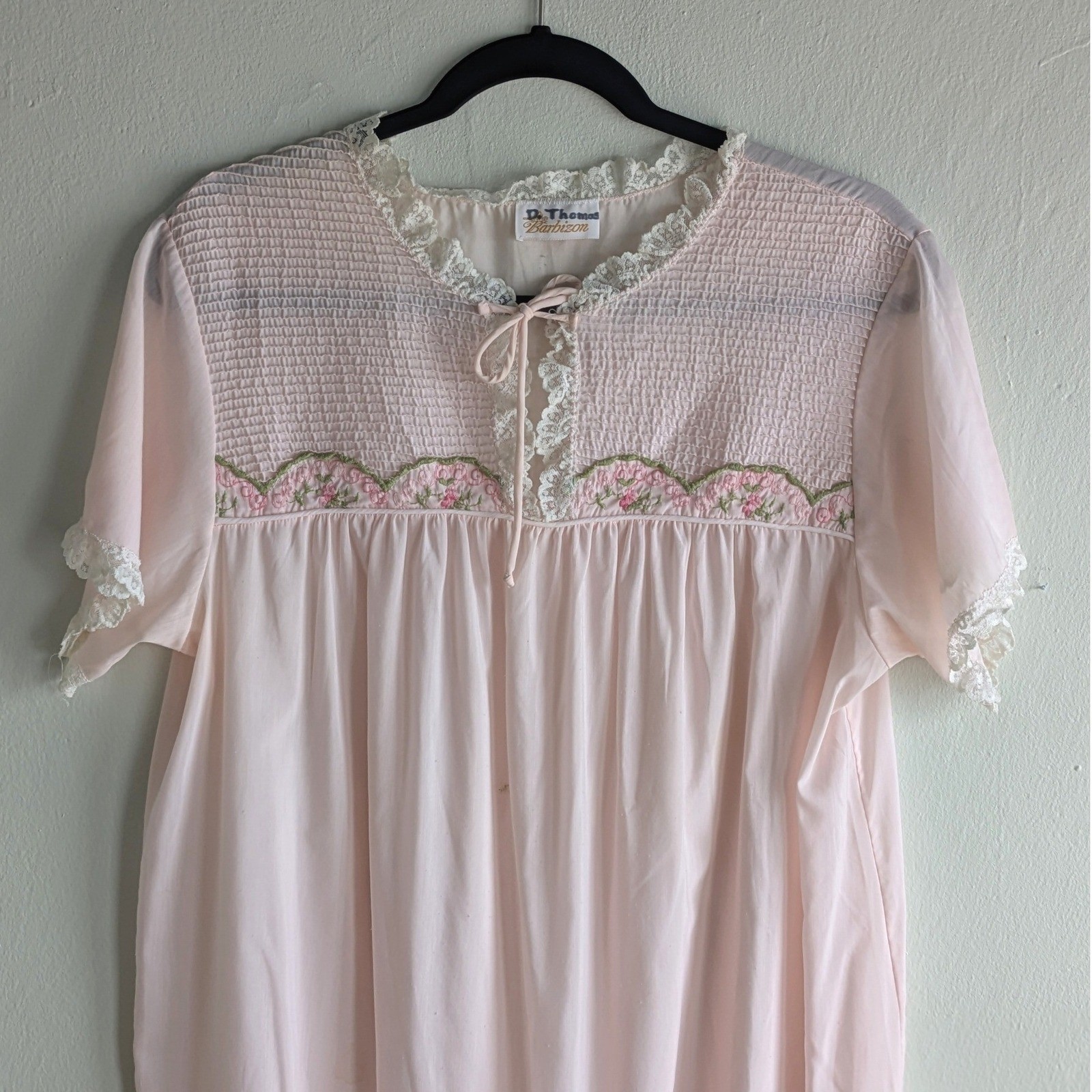 Vintage Barbizon B Thomas Pink Smocked Nightgown Embroidered Lace Maxi L