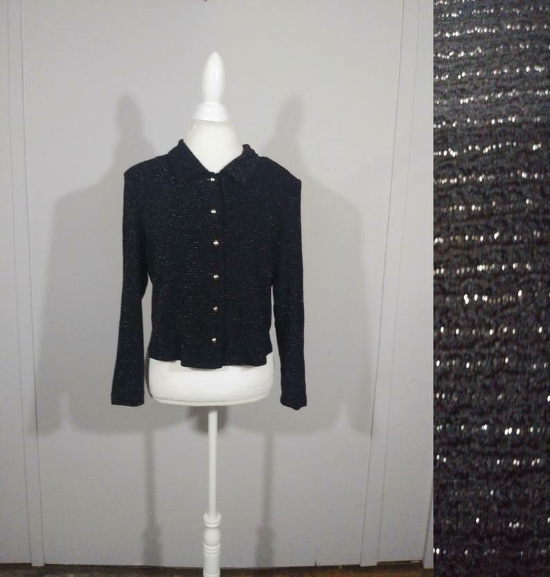 Vintage Black Metallic Dress Blouse Fitted Open Back By Miss Dorby / Large