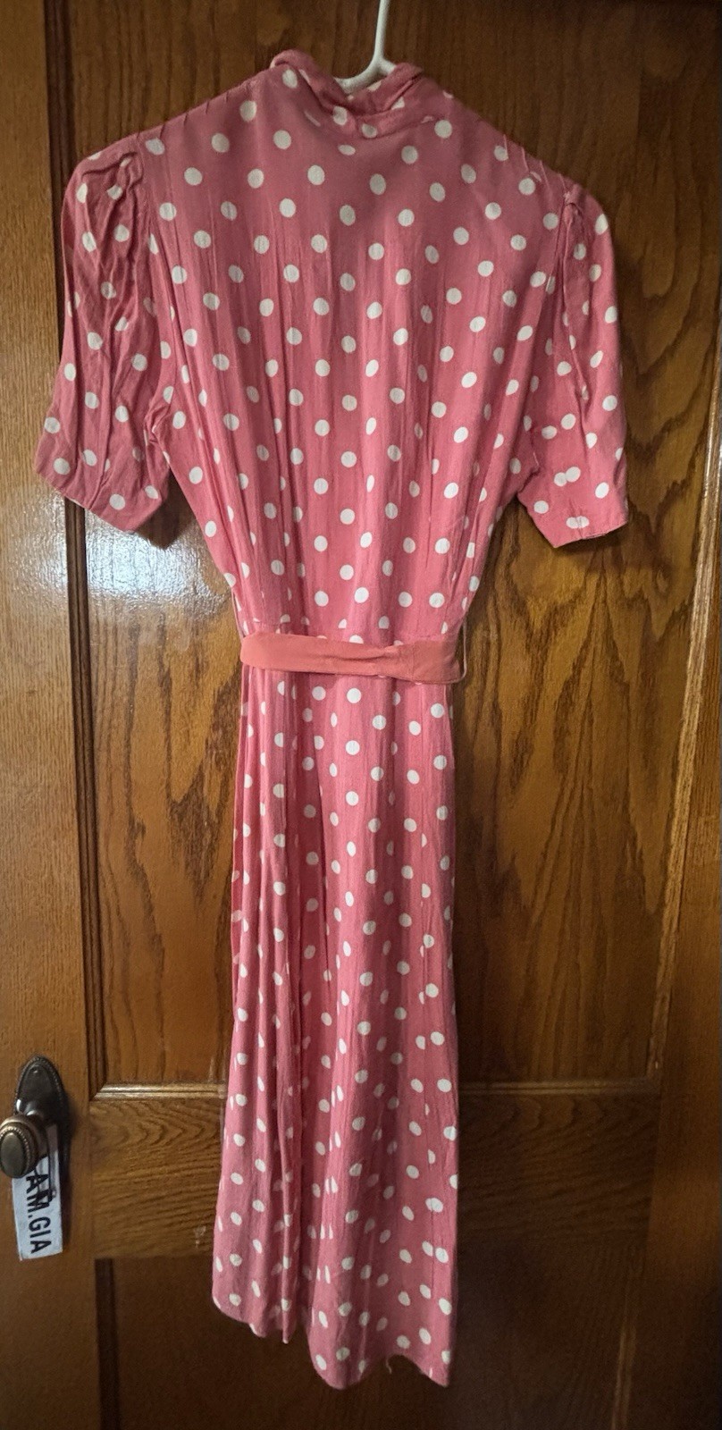 Vintage Handmade Pink Polka Dot Midi Dress Retro Wrap Secretary Cottagecore M/L