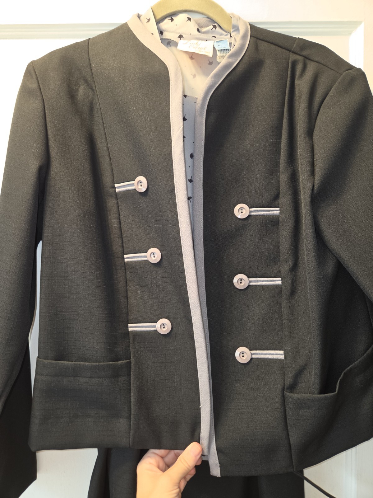 Vintage 80’s Lady Carol Black Grey Dress Jacket And Belt. Gingko Leaf Print. 16