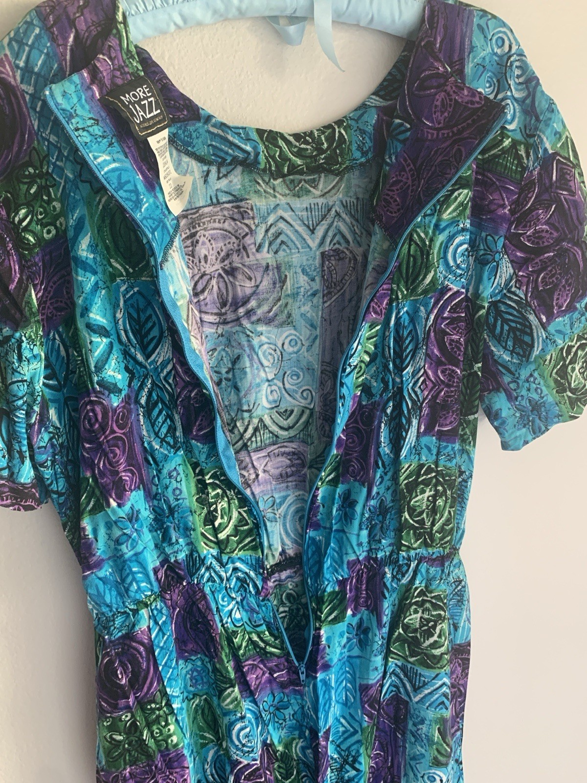 22 Vintage More Jazz Blue Hawaiian Tropical Sarong Dress 80s Retro Plus Floral