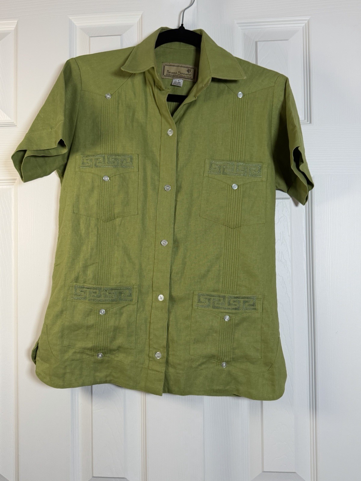 Vintage Panama Souvenir Guayabera Shirt S 55% Linen Cotton Green 4 Pocket