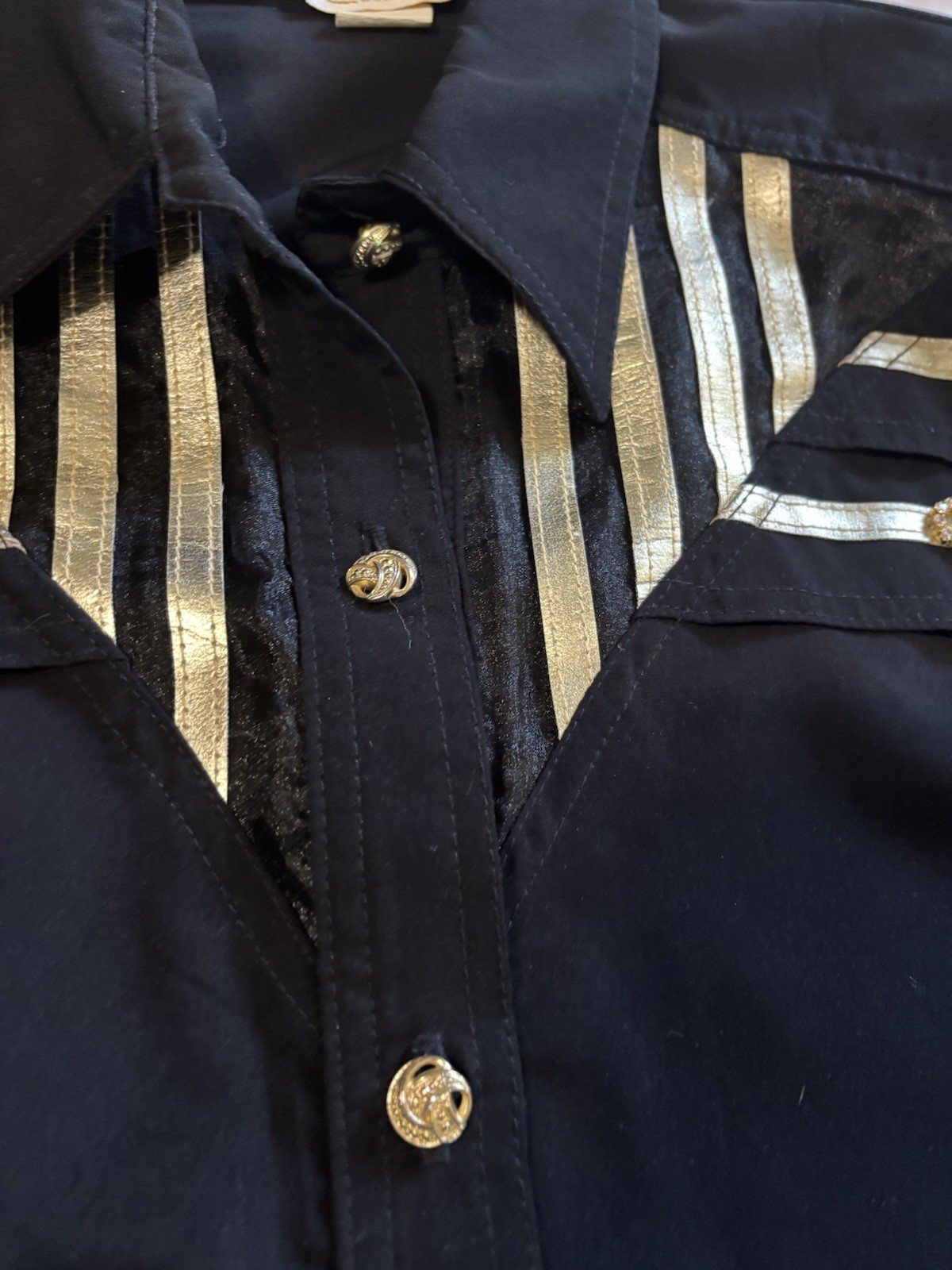 VTG 80s RIO Inc Women L Black Gold Metallic Ribbon Western Rodeo Shirt USA Made