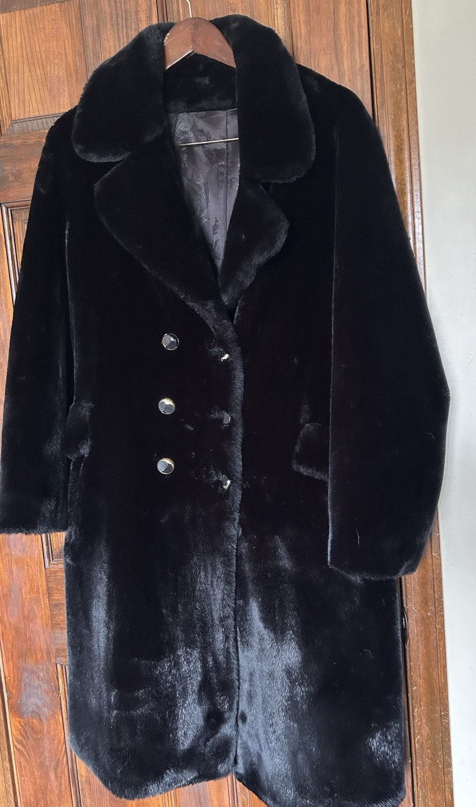 Vintage Borgana Black Faux Fur Plush Coat Double Breasted Women’s Sz M 42”