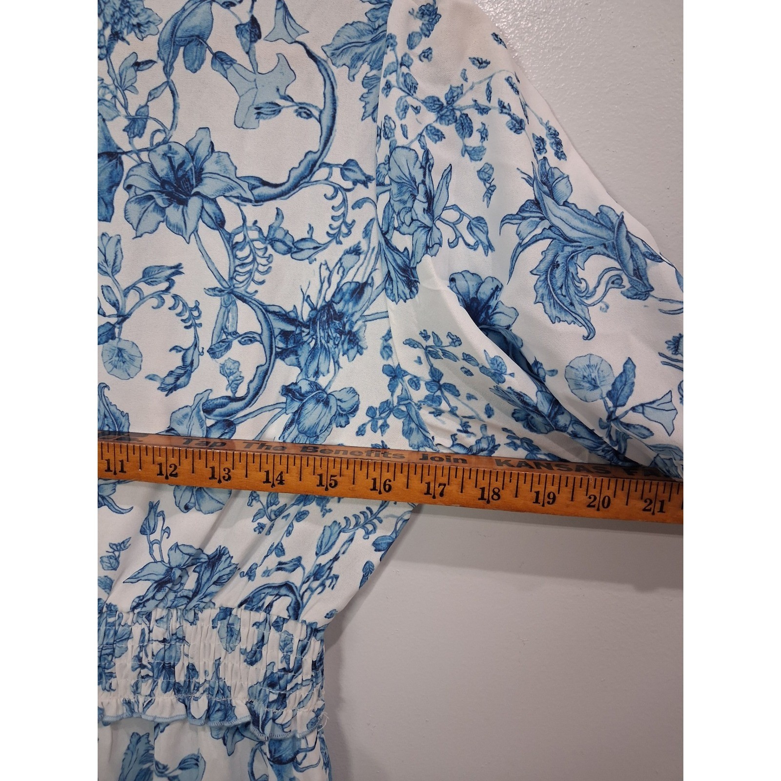 Grace Karin Blue White Floral Toile Smocked Maxi Dress V-Neck Puff Sleeve Small