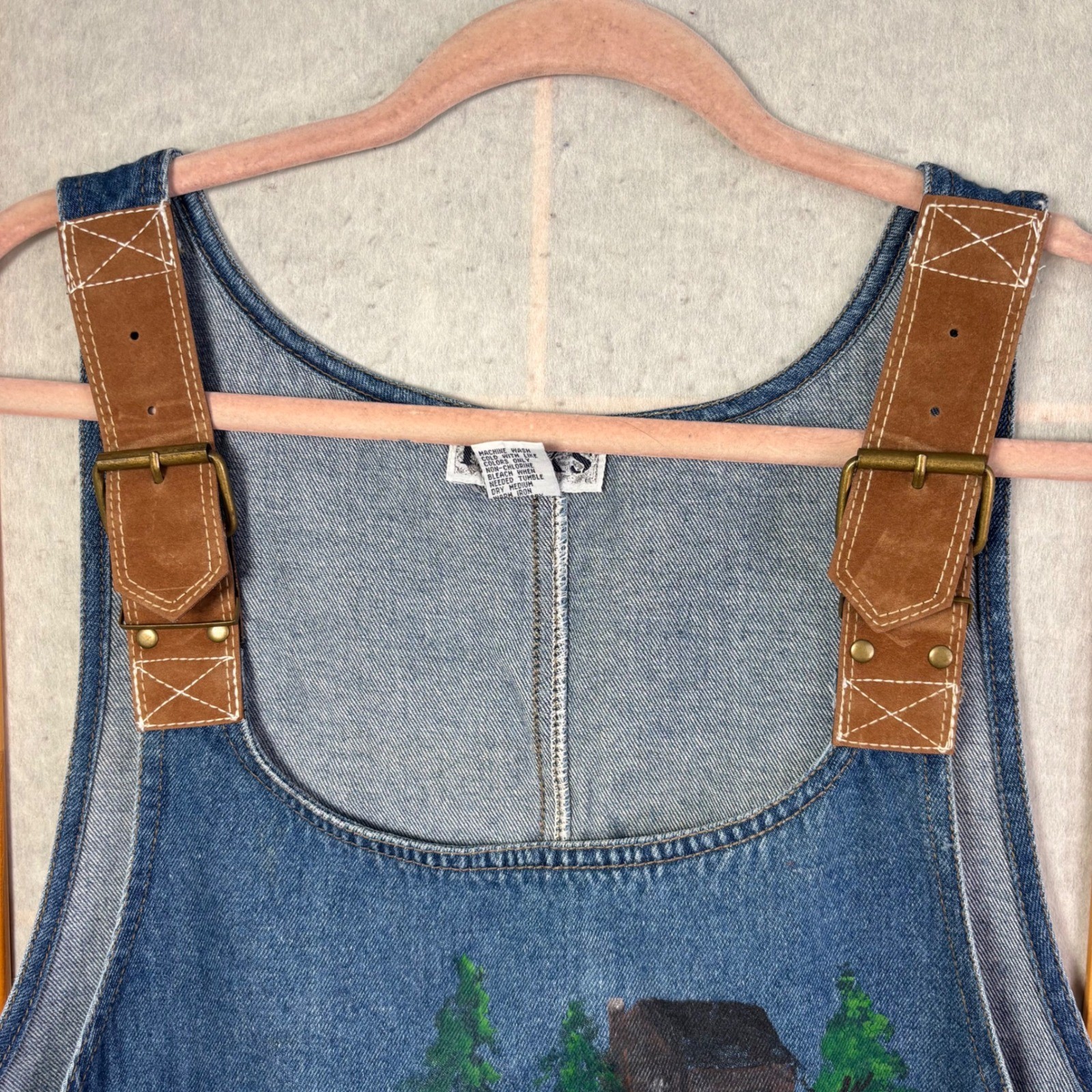 Haiks Vintage Blue Denim Hand Painted Cabin Deer Jumper Dress Womens Large Woods