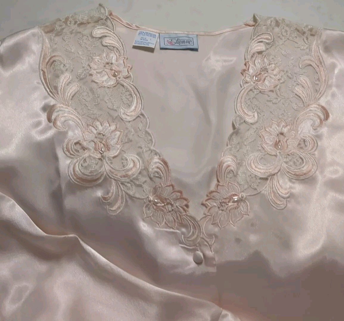 Vtg 80’s Etienne 2 Piece Pajamas Sz Large Blush Pink Silky Satin, Beaded Lace