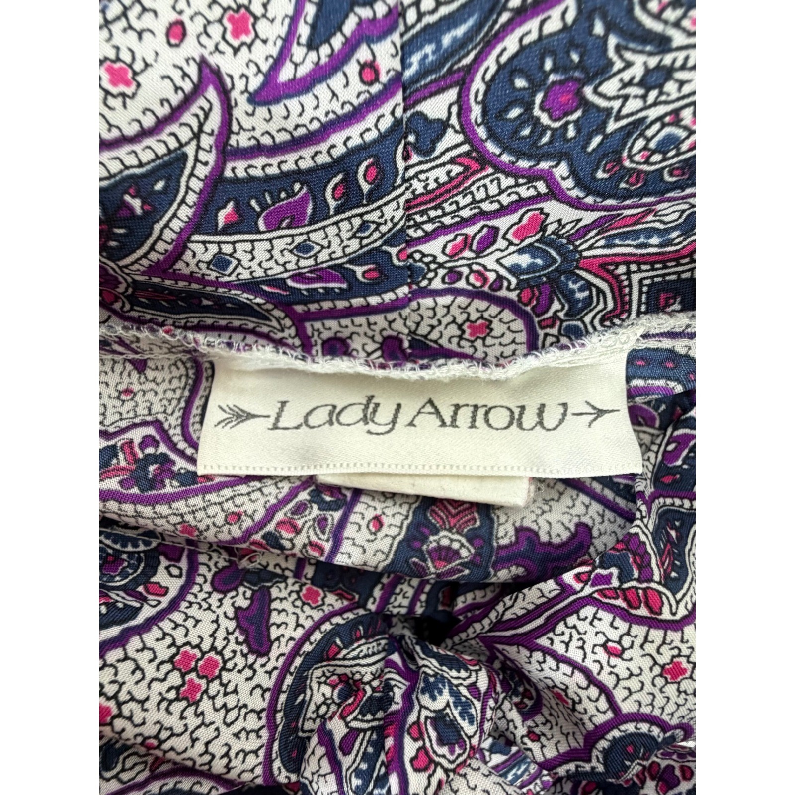 Lady Arrow Blouse Large Purple Paisley 80s Secretary Tie Neck Dark Academia USA