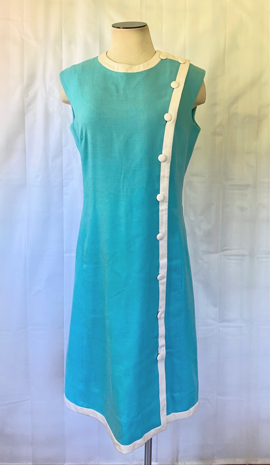 Vintage 1960 Linen Dress by McMullen White Turquoise Blue 37 Bust Sleeveless M L