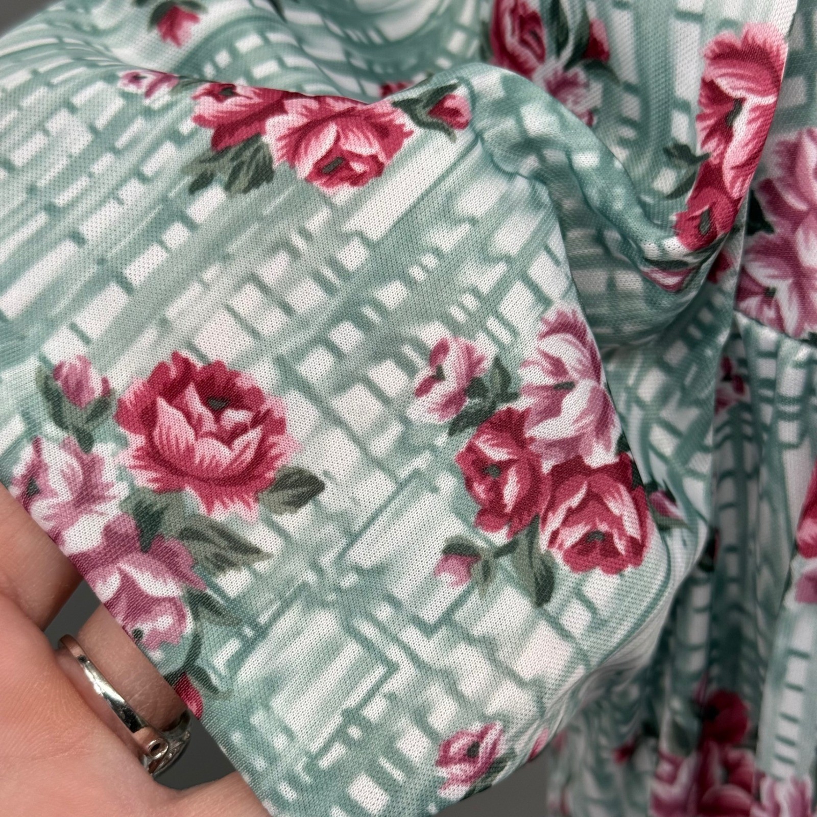 Vtg Carriage Court Nightgown Mumu M Green Pink Floral Plaid Square Neck Midi