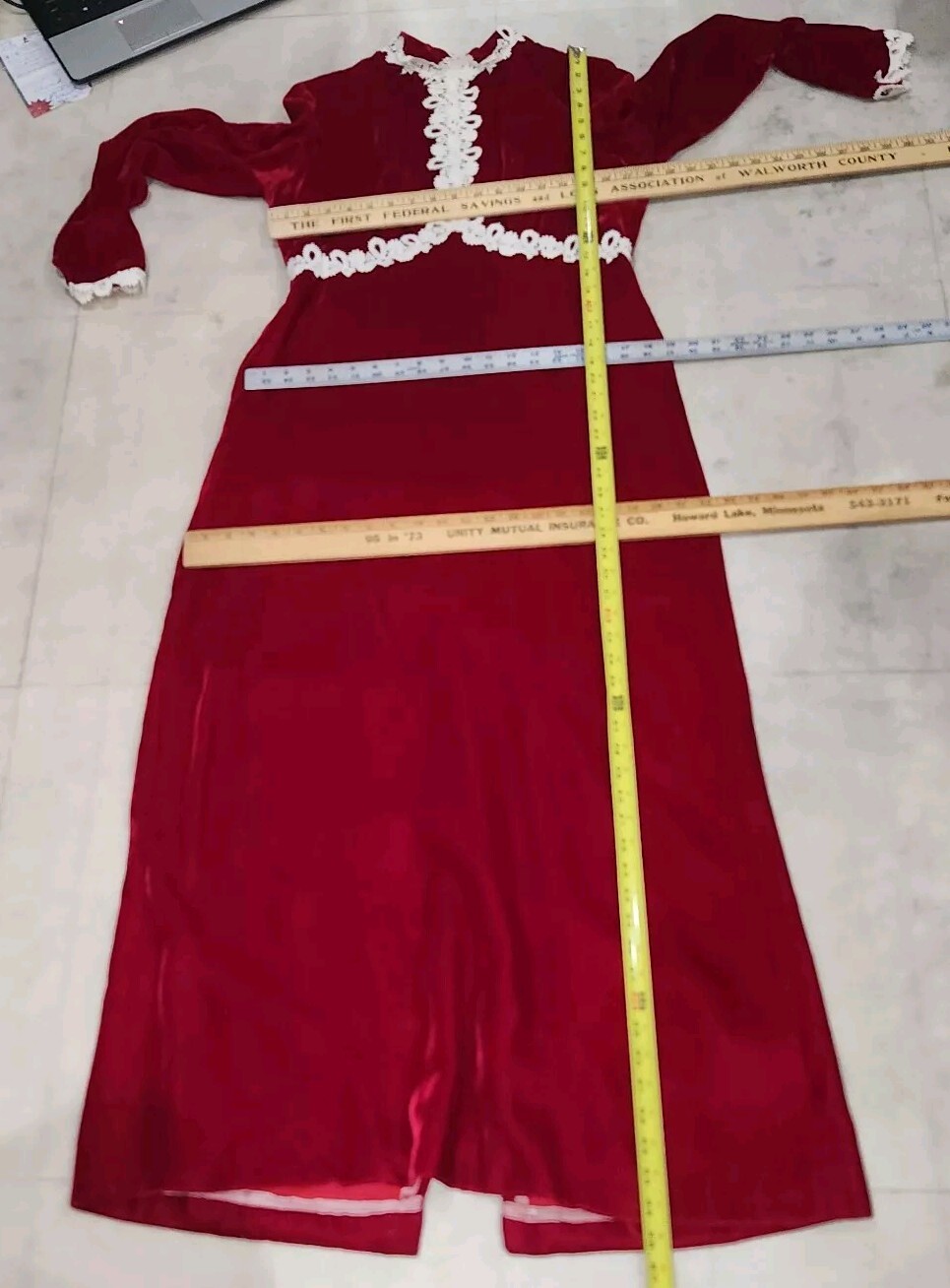 Vntg 1960s Burgundy/Red Maxi Dress*Empire Waist w/Lace Trim*True Velvet*Gd Cond