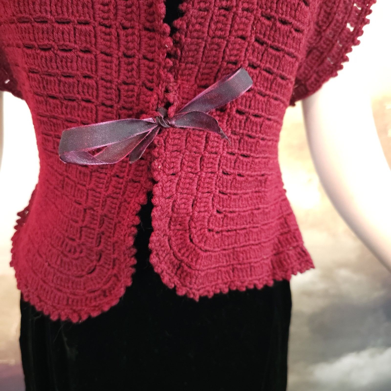 Burgandy Red Crochet Antique Vest 1920s 1930s Art Deco Sweater Shawl Bow Ties…