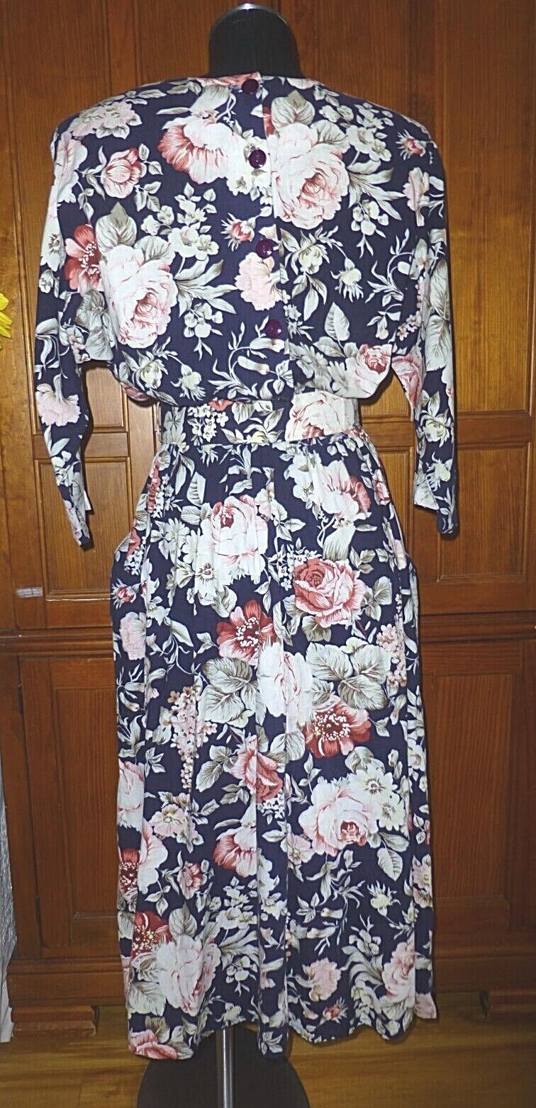 VTG 80s Floral Garden Print Cotton Boho Country Batwing Slv Midi belted DRESS M