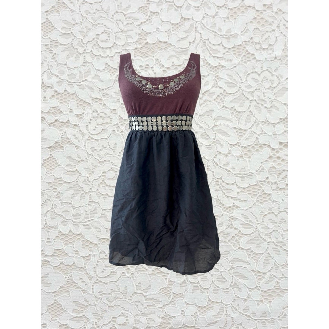 vintage y2k purple & navy mini babydoll dress with silver embellishments