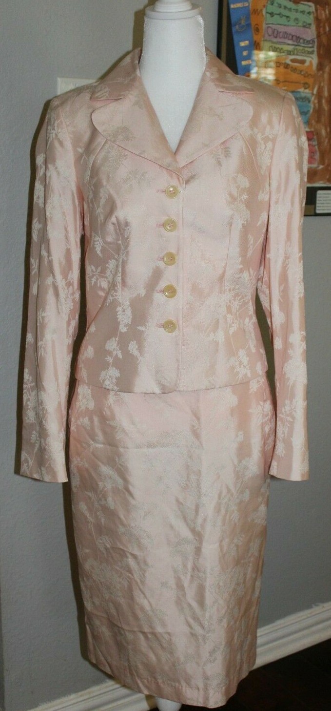 VTG NWT 90’s Barneys NY Floral Brocade Pink Cotton Silk Blazer Skirt Suit 8 10