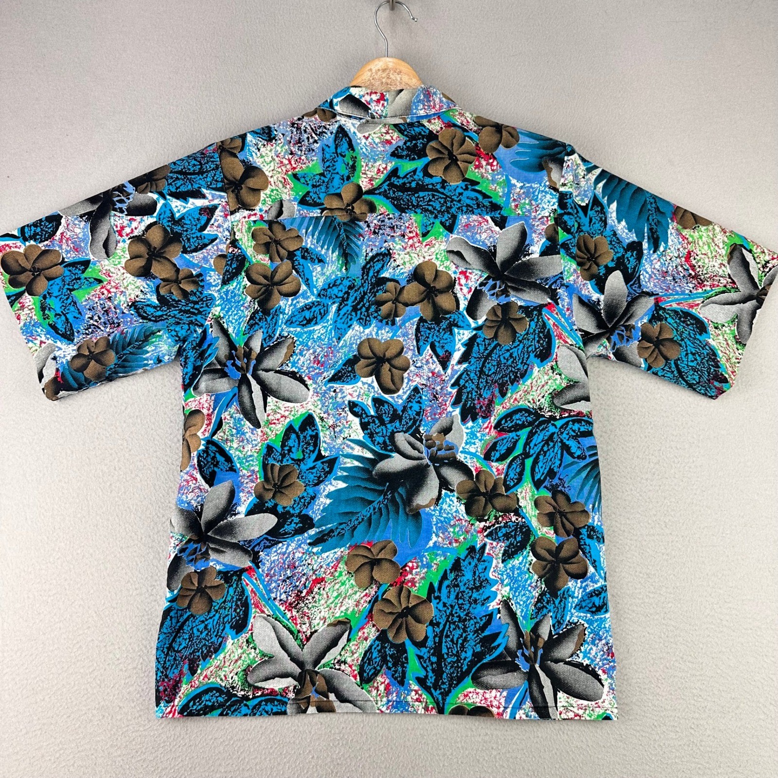 Vintage Floral Button Up Shirt Women 12 Blue Tropical Short Sleeve Lady Diplomat